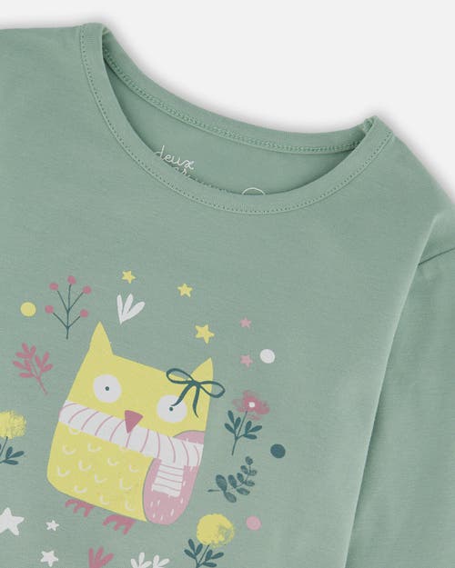 Deux Par Deux Organic Cotton Jersey Top With Owl In Green