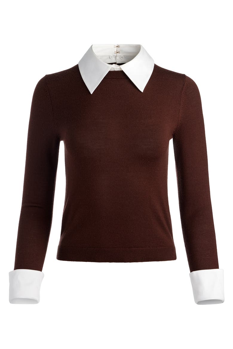 Porla Collared Wool Blend Mixed Media Sweater, Alternate, color, DARK CHOCOLATE