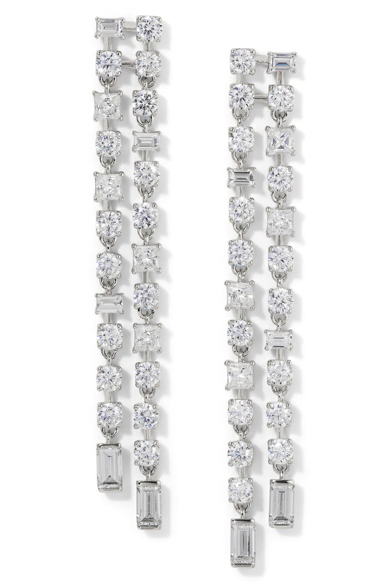Delphine Cubic Zirconia Double Linear Drop Earrings, Main, color, RHODIUM
