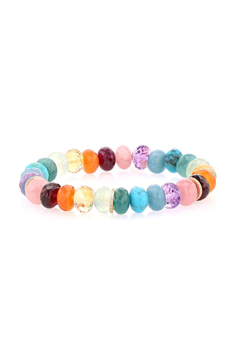 14K Rainbow Mix 10MM Bead Bracelet With 3 Diamond Rondelles, Main, color, Rainbox Mix / 14kt Yellow Gold