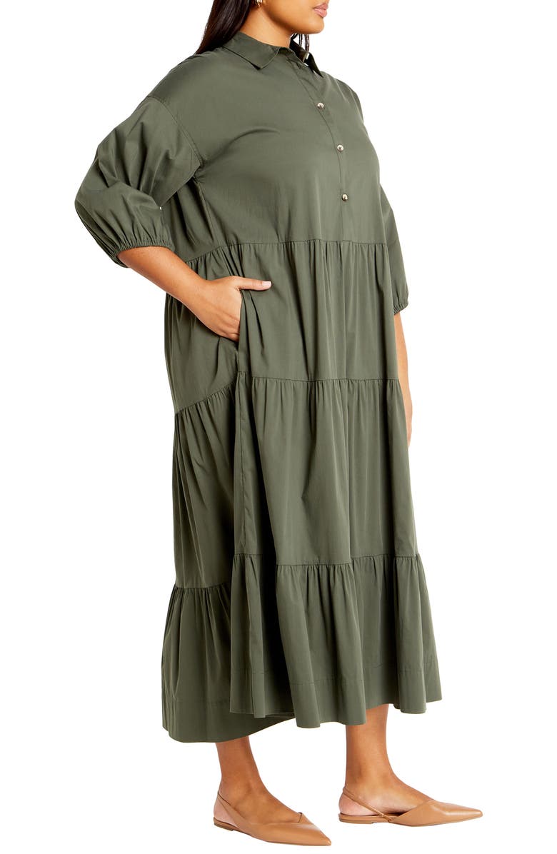 City Chic Kara Tiered Shirtdress, Alternate, color, Khaki
