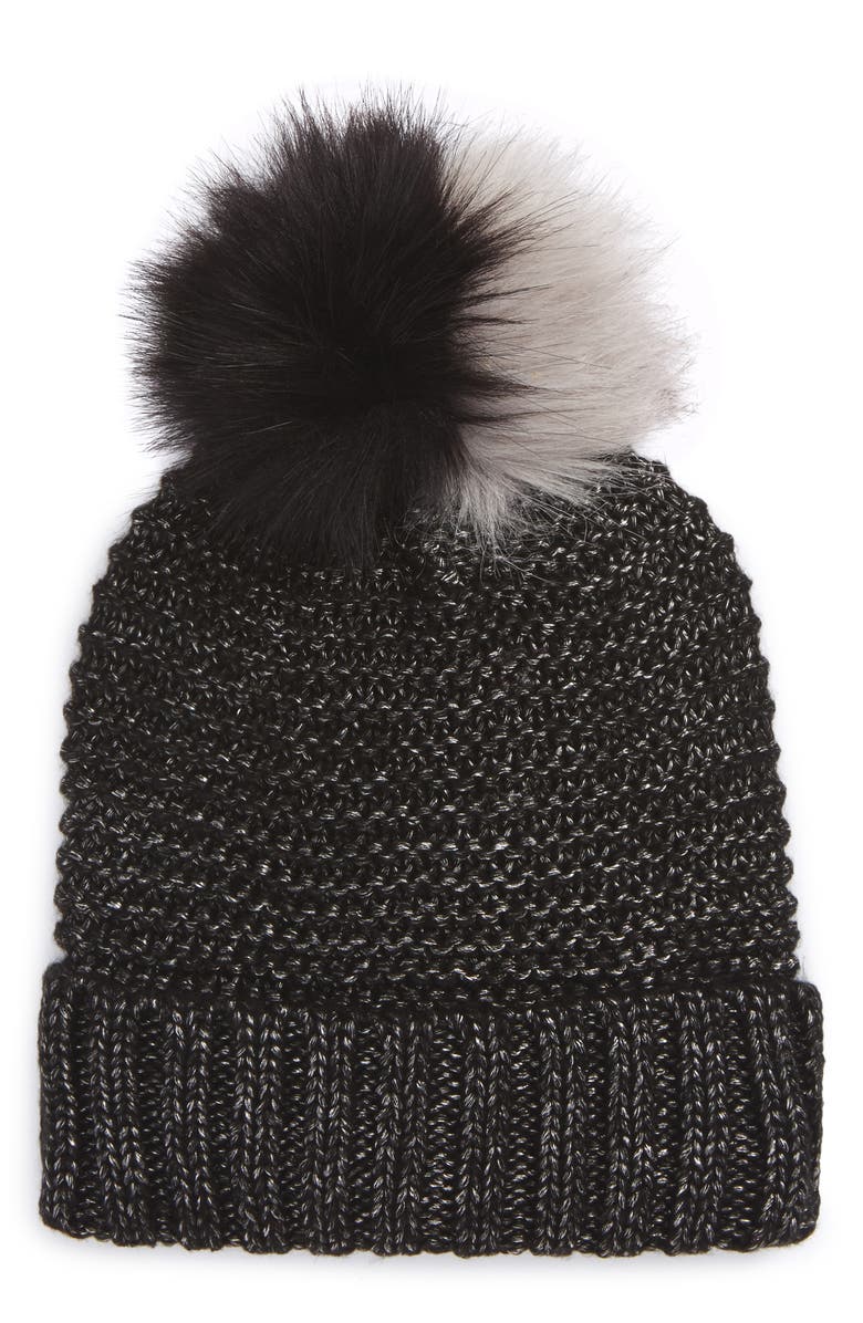 NYC Underground Faux Fur Pompom Beanie, Main, color, 