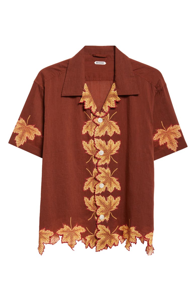 Bode Harvest Floor Leaf Appliqué Camp Shirt, Alternate, color, Auburn
