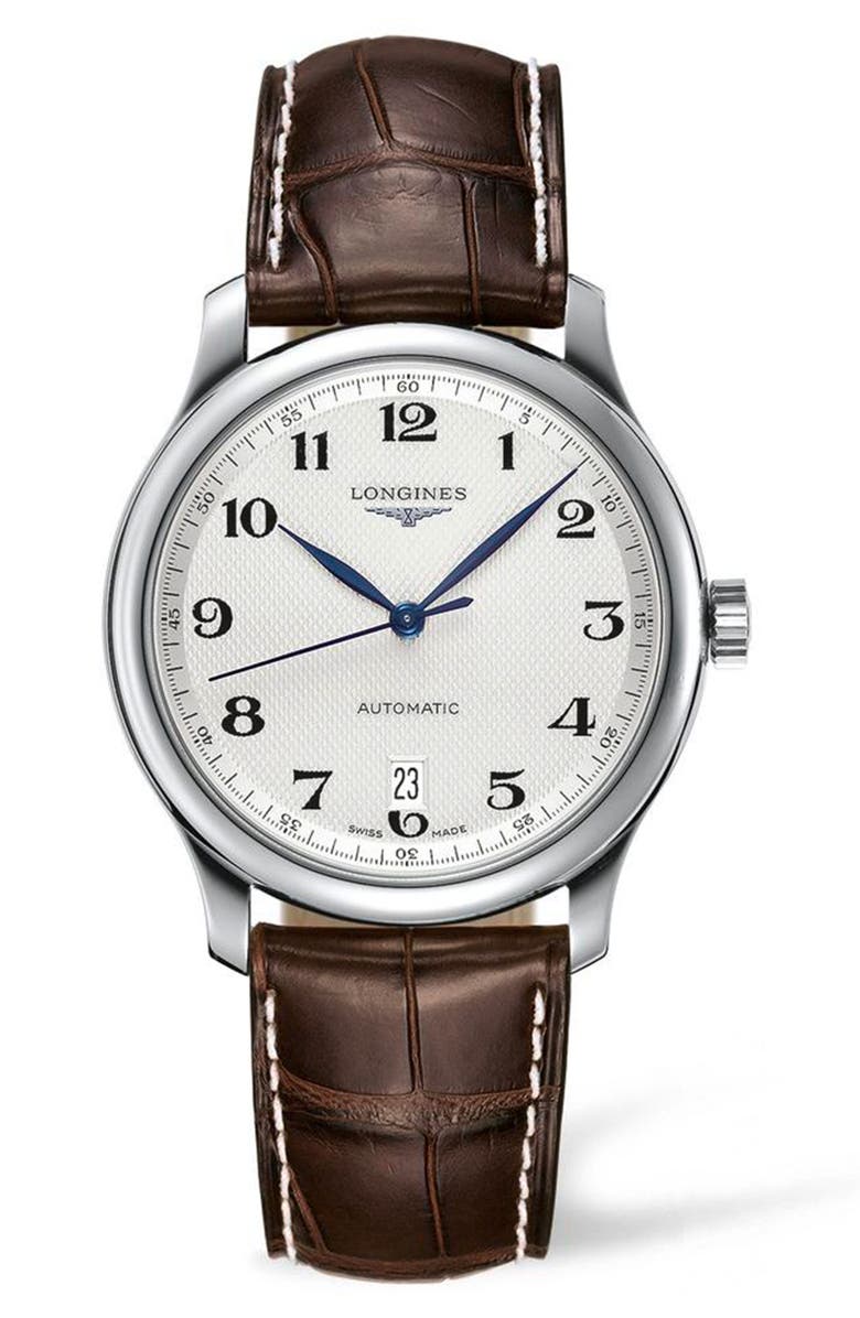 Longines Master Automatic Alligator Leather Strap Watch, 38mm, Main, color, 