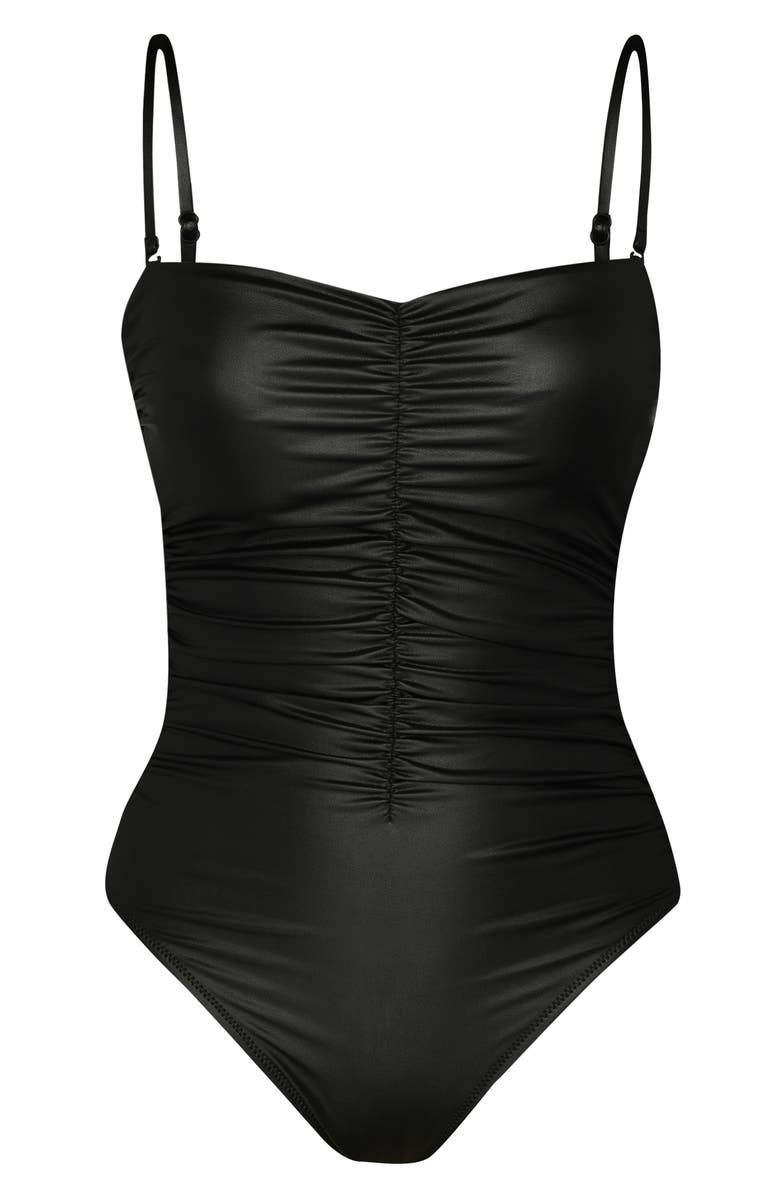 L'AGENCE Aubrey Ruched Faux Leather One-Piece Swimsuit, Alternate, color, Black