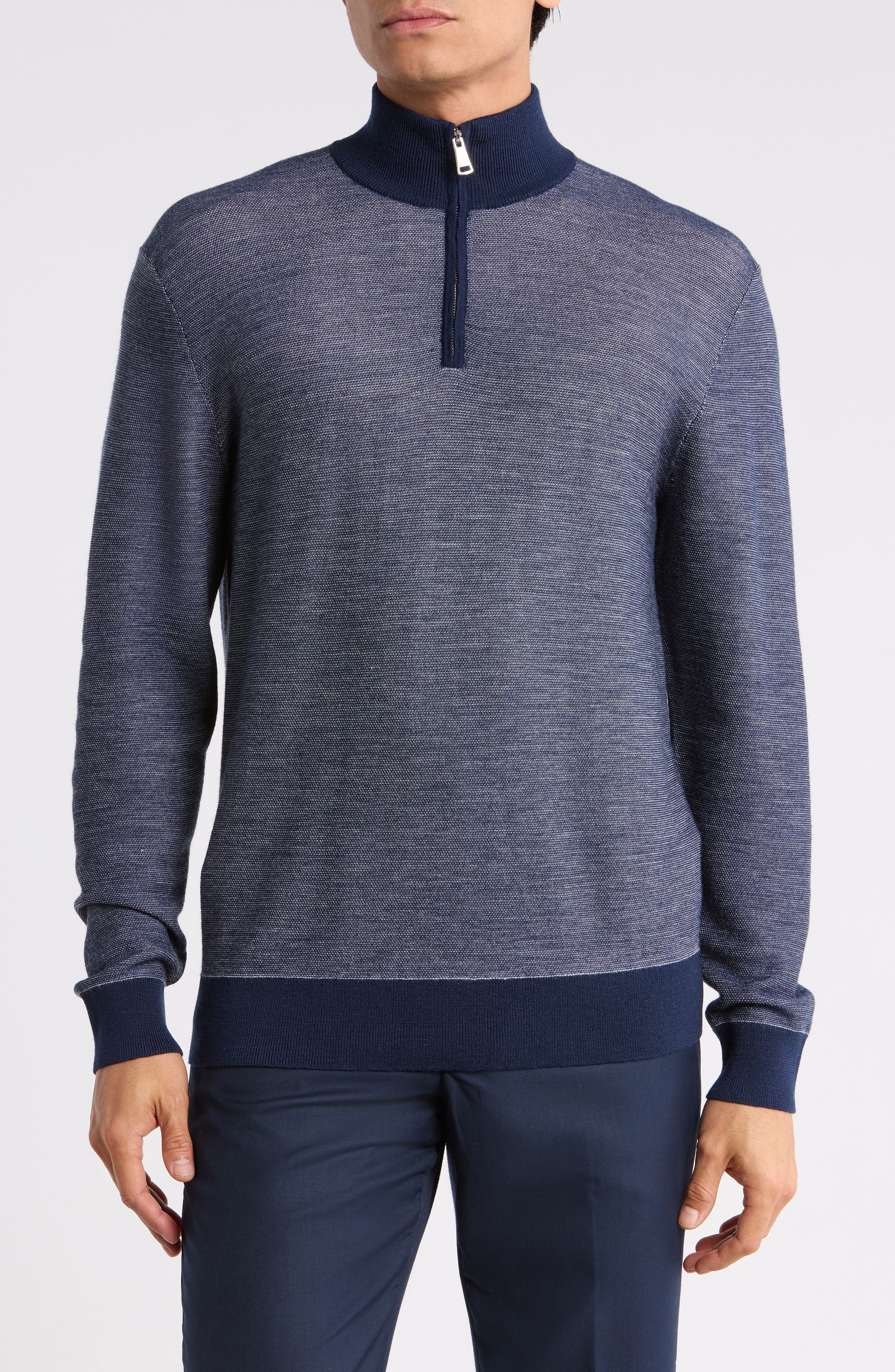 Merino Wool & Silk Bird's Eye Quarter Zip Sweater