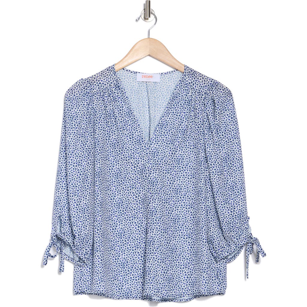 Renee C Dot V-neck Long Sleeve Top In Blue