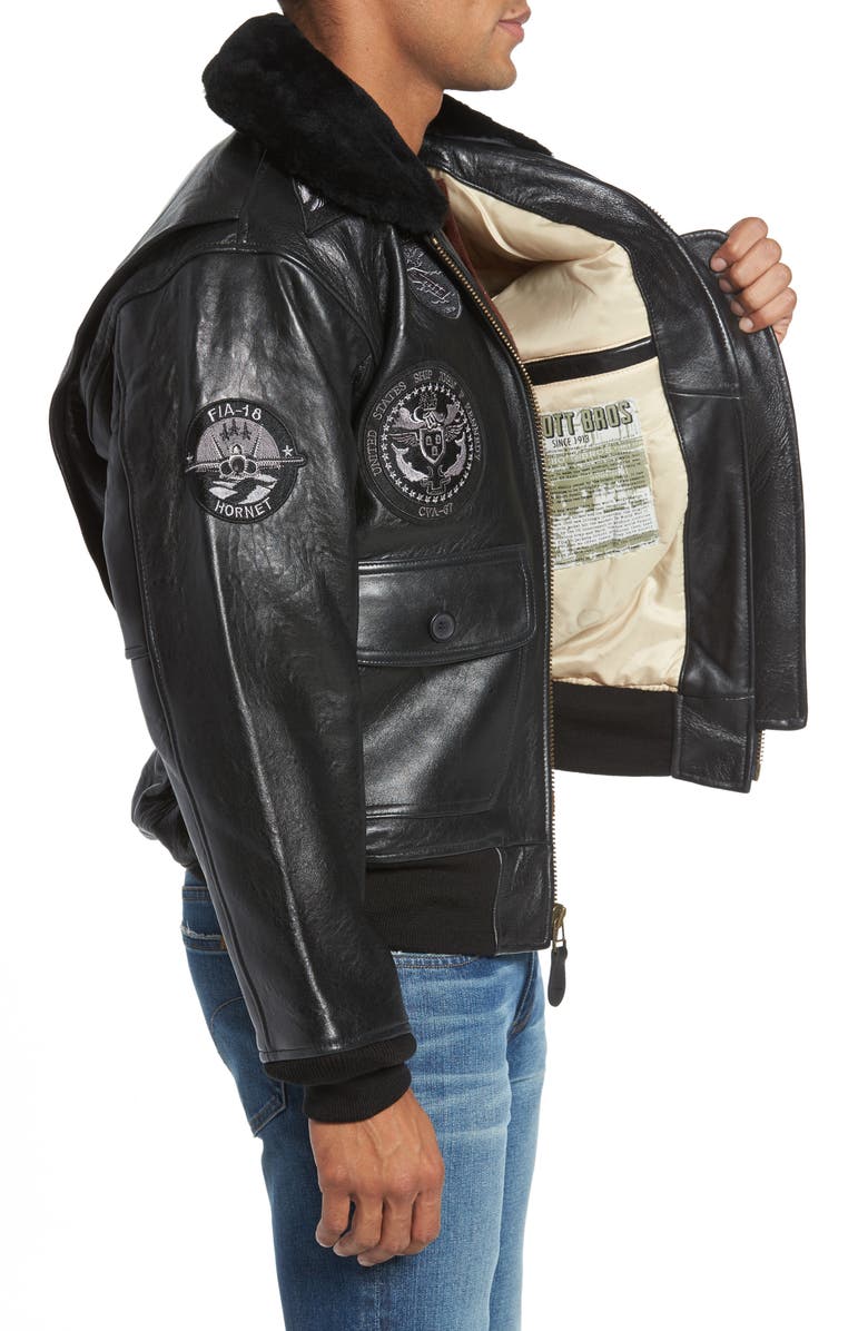 Schott NYC Genuine Shearling Collar G-1 Flight Jacket, Alternate, color, 