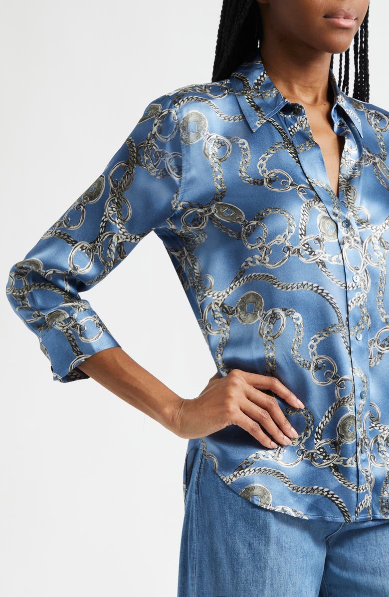 L'AGENCE Dani Chain Print Silk Button-Up Shirt, Alternate, color, Blue Horizon/ Silver Good Luck