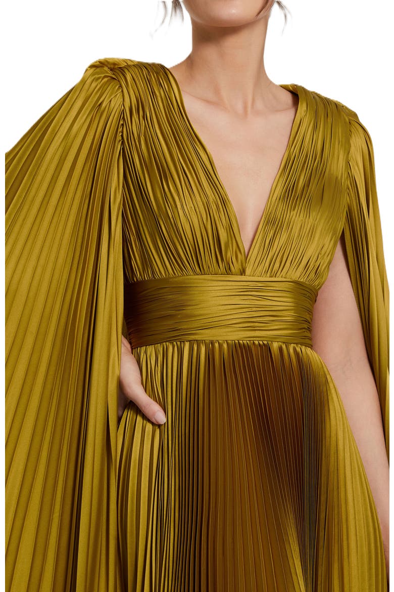 Pleated Charmeuse V-Neck Gown with Cape Sleeves, Alternate, color, Chartreuse
