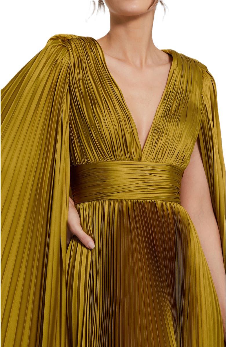 Mac Duggal Pleated Charmeuse V-Neck Gown with Cape Sleeves, Alternate, color, Chartreuse