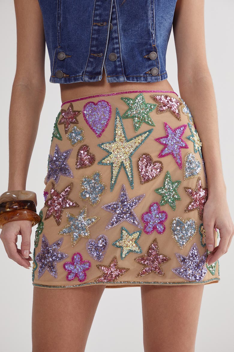 Hand Embellished Sequin Mini Skirt, Main, color, Nude