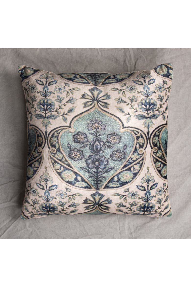 Cotton Blend Velvet Printed Pillow with Floral Pattern, Cream and Blue, Alternate, color, Cream