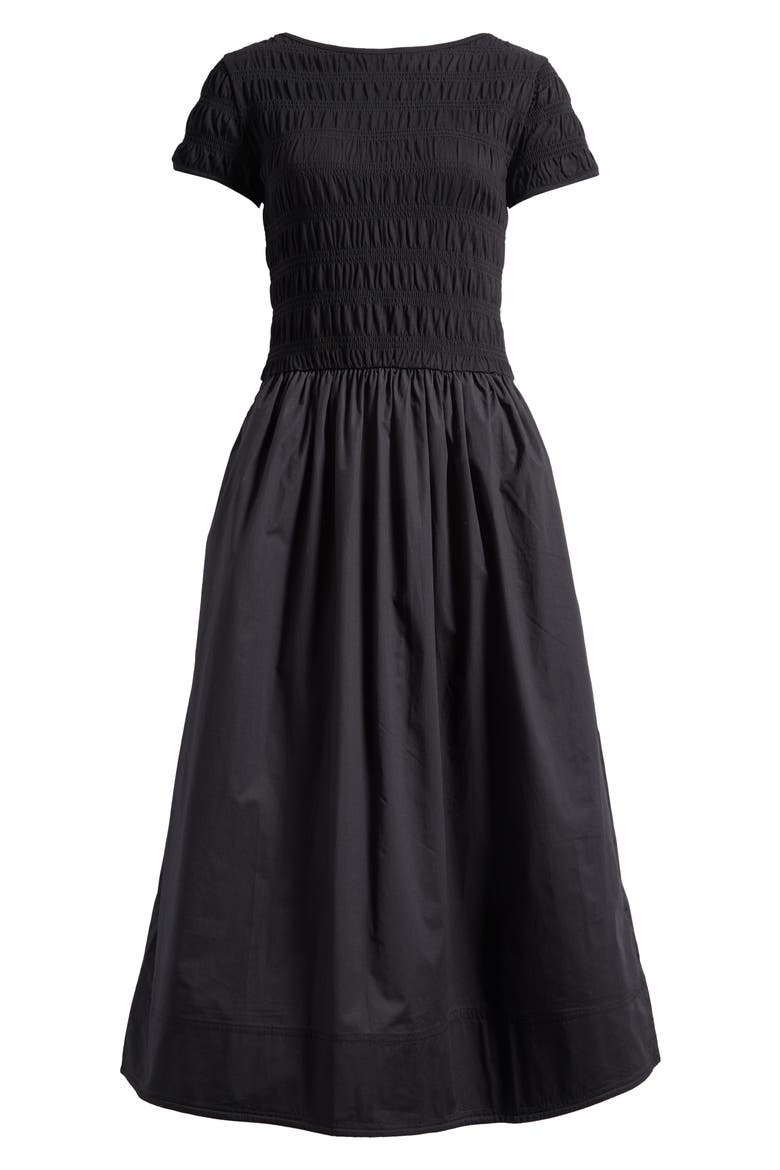 Smocked Boatneck Midi Dress, Alternate, color, JET BLACK