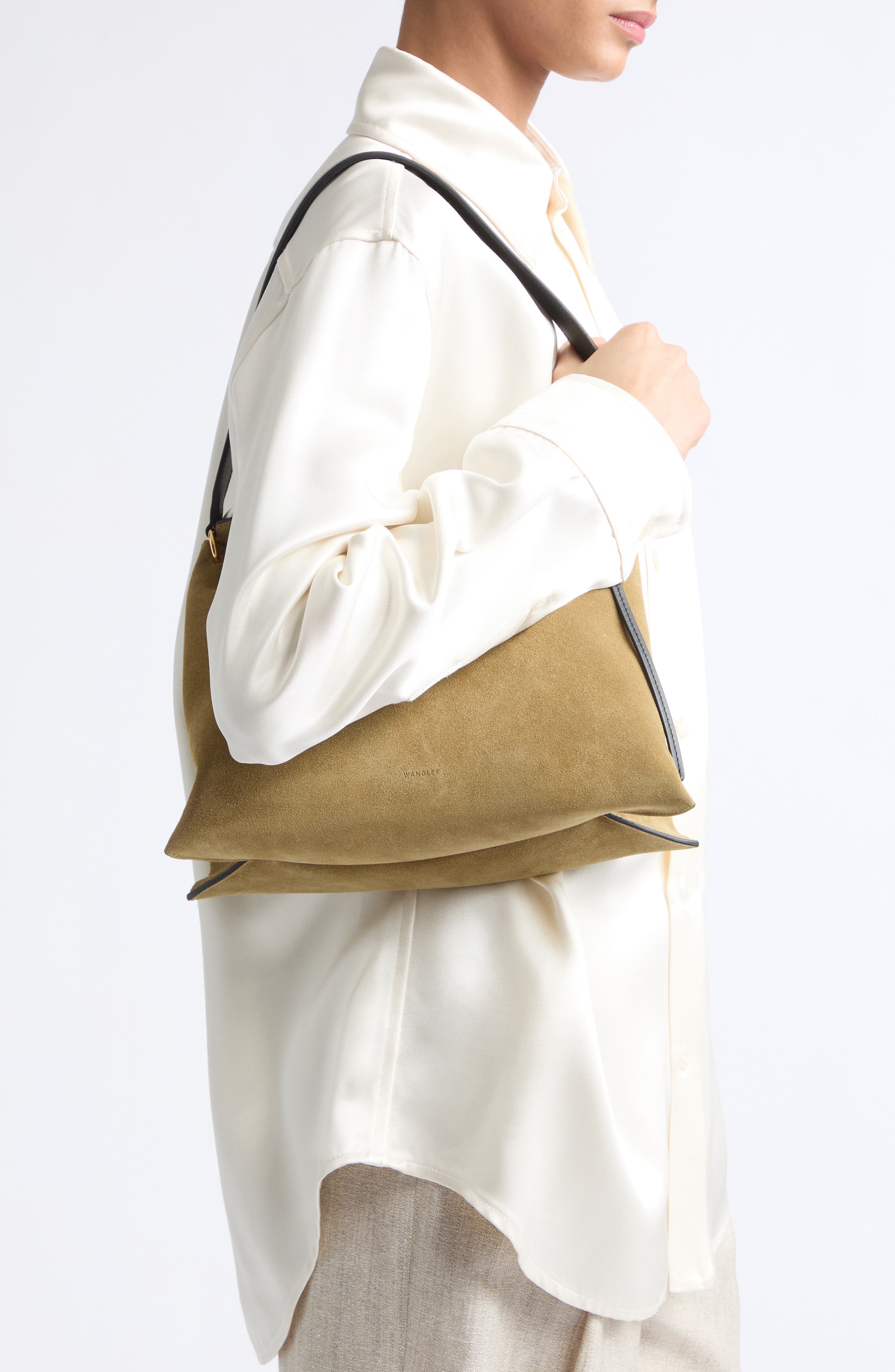 Small Penelope Slouch Suede Shoulder Bag, Alternate, color, KHAKI SUEDE / BLACK