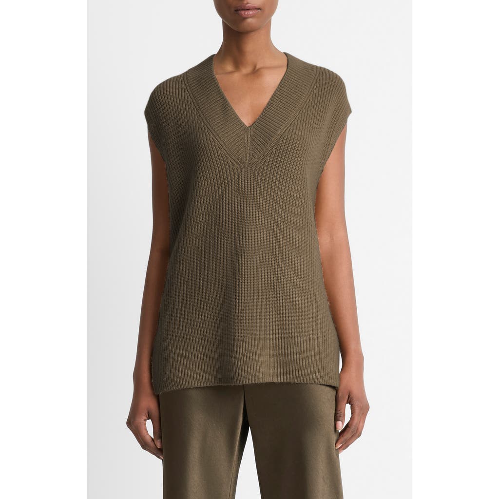 Vince Wool-cashmere Houndstooth V-neck Vest In Vine