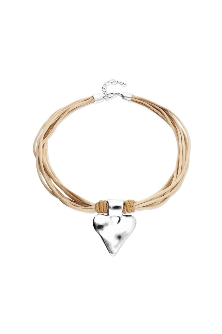 Silk Thread Blend Necklace With Leather And Heart Detail In Sterling Silver, Alternate, color, Silver/Beige