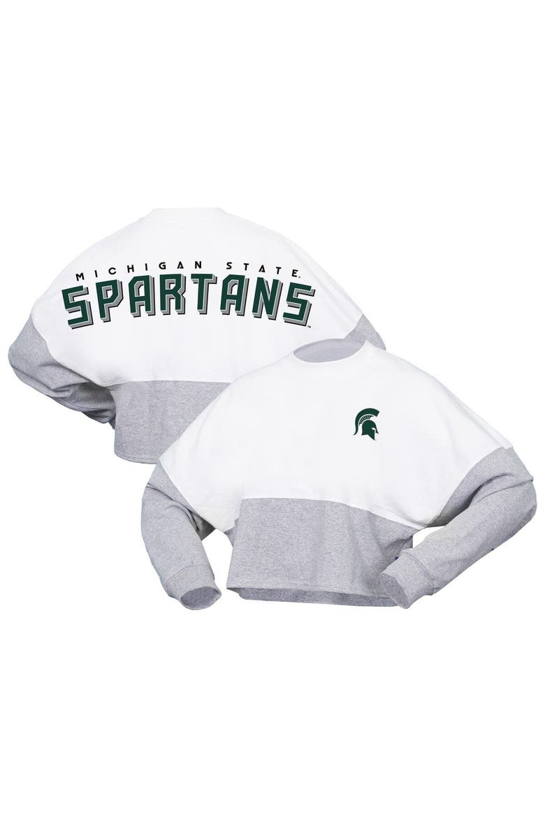 SPIRIT JERSEY Women's Spirit Jersey  White Michigan State Spartans Heather Block Cropped Long Sleeve Jersey T-Shirt, Main, color, White