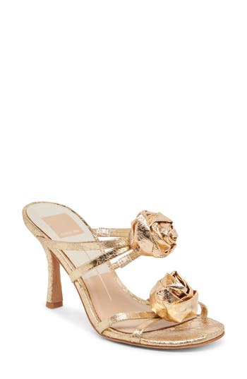 Dolce Vita Linzy Gold Distressed Leather Rosette High Heel Slide Sandals