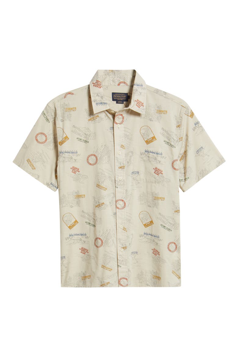 Shoreline National Park Print Short Sleeve Cotton Button-Up Shirt, Alternate, color, PARKS TAN