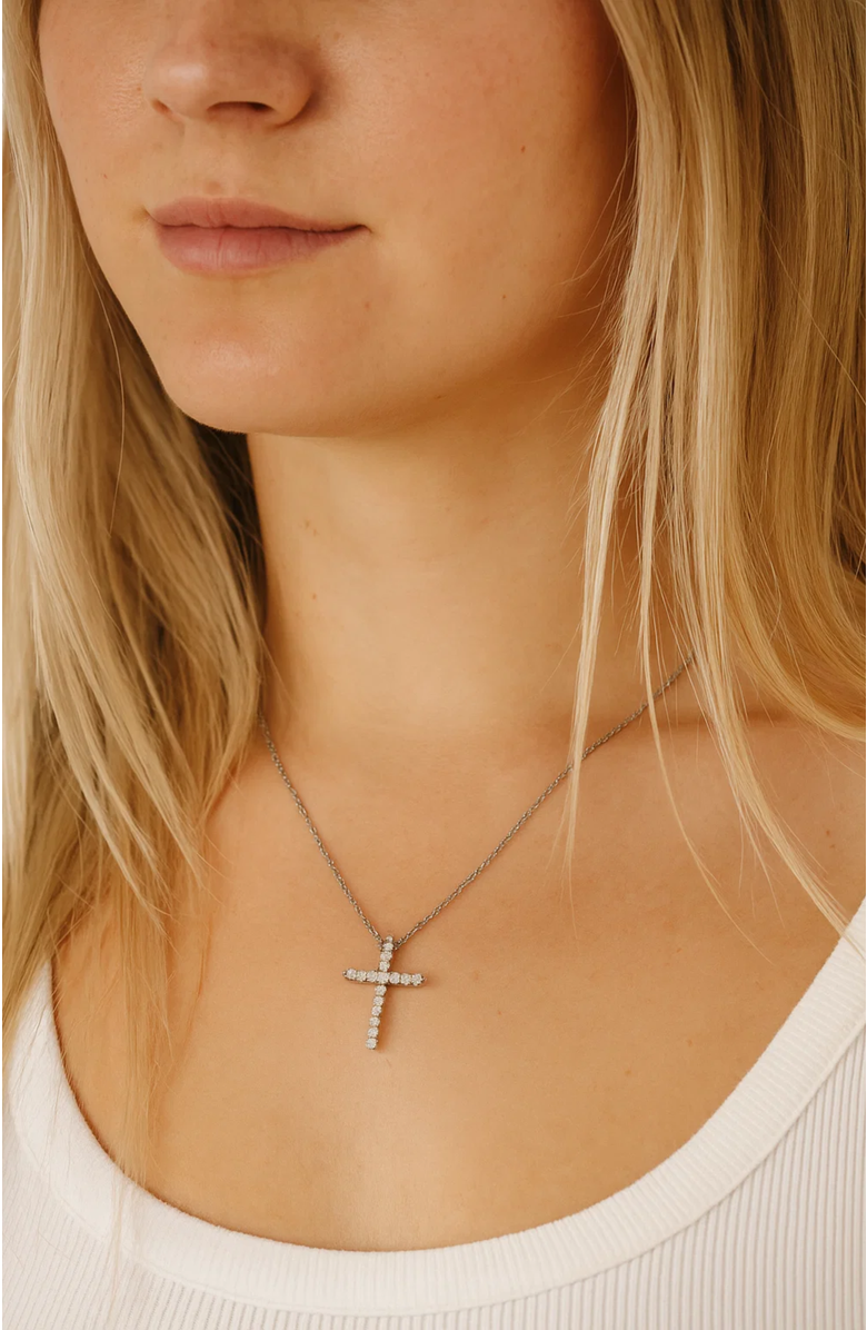 Hollywood Sensation Timeless Grace CZ Cross Pendant Necklace, Alternate, color, Silver