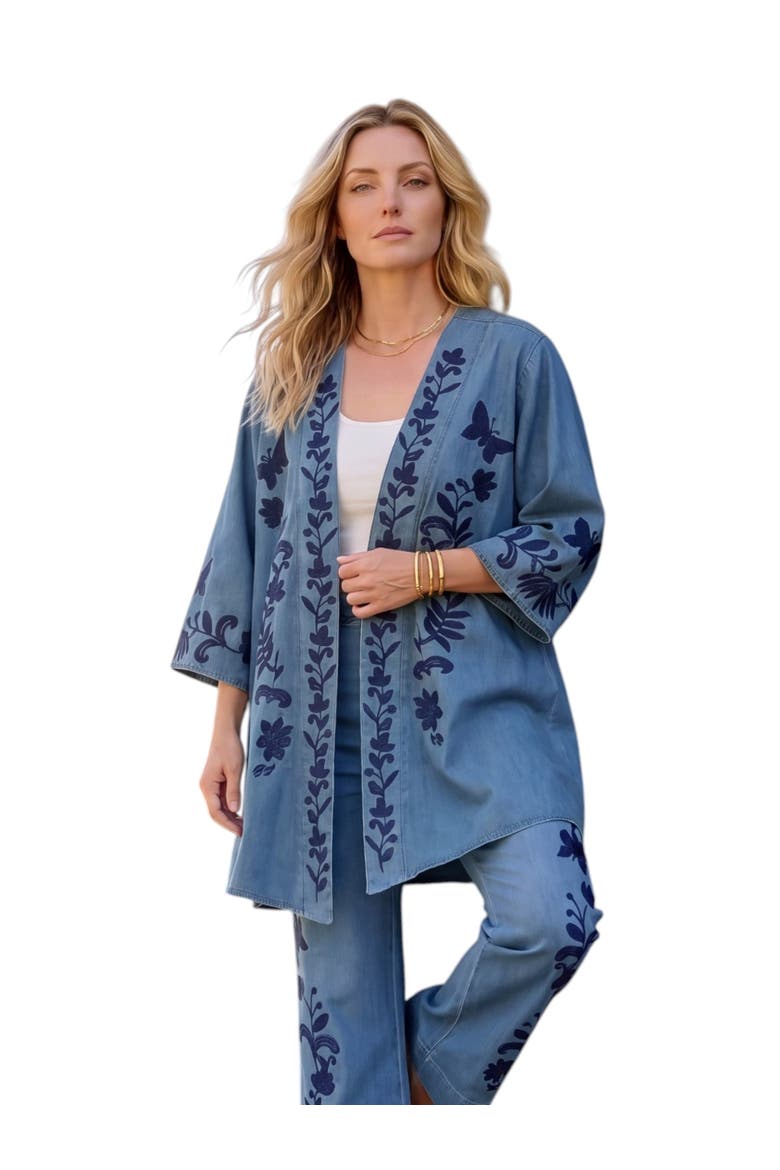 Plus Size Chambray Embroidered Wrap, Main, color, STONEWASH BUTTERFLY