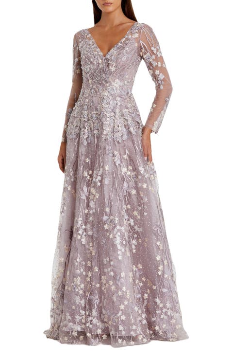 Embellished Wrap Over Illusion Long Sleeve A Line Gown