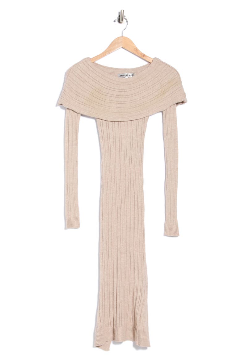 Off the Shoulder Ribbed Midaxi Sweater-Dress, Main, color, LIGHT SAND