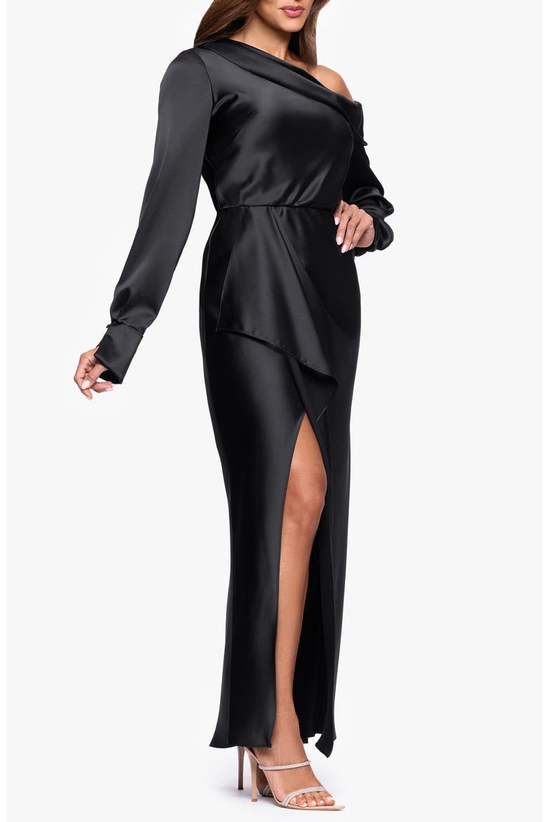 Off the Shoulder Long Sleeve Satin Gown, Alternate, color, BLACK