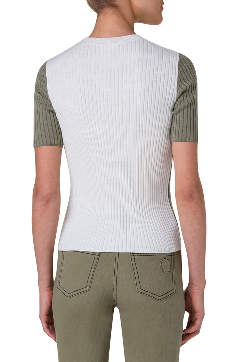 Colorblock Short Sleeve Virgin Wool Rib Sweater T-Shirt, Alternate, color, SAGE-CREAM
