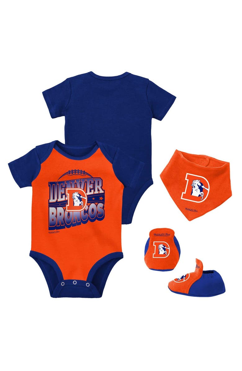 Mitchell & Ness Newborn & Infant Mitchell & Ness Orange/Royal Denver Broncos Throwback Big Score Bodysuit, Bib & Bootie Set, Alternate, color, 