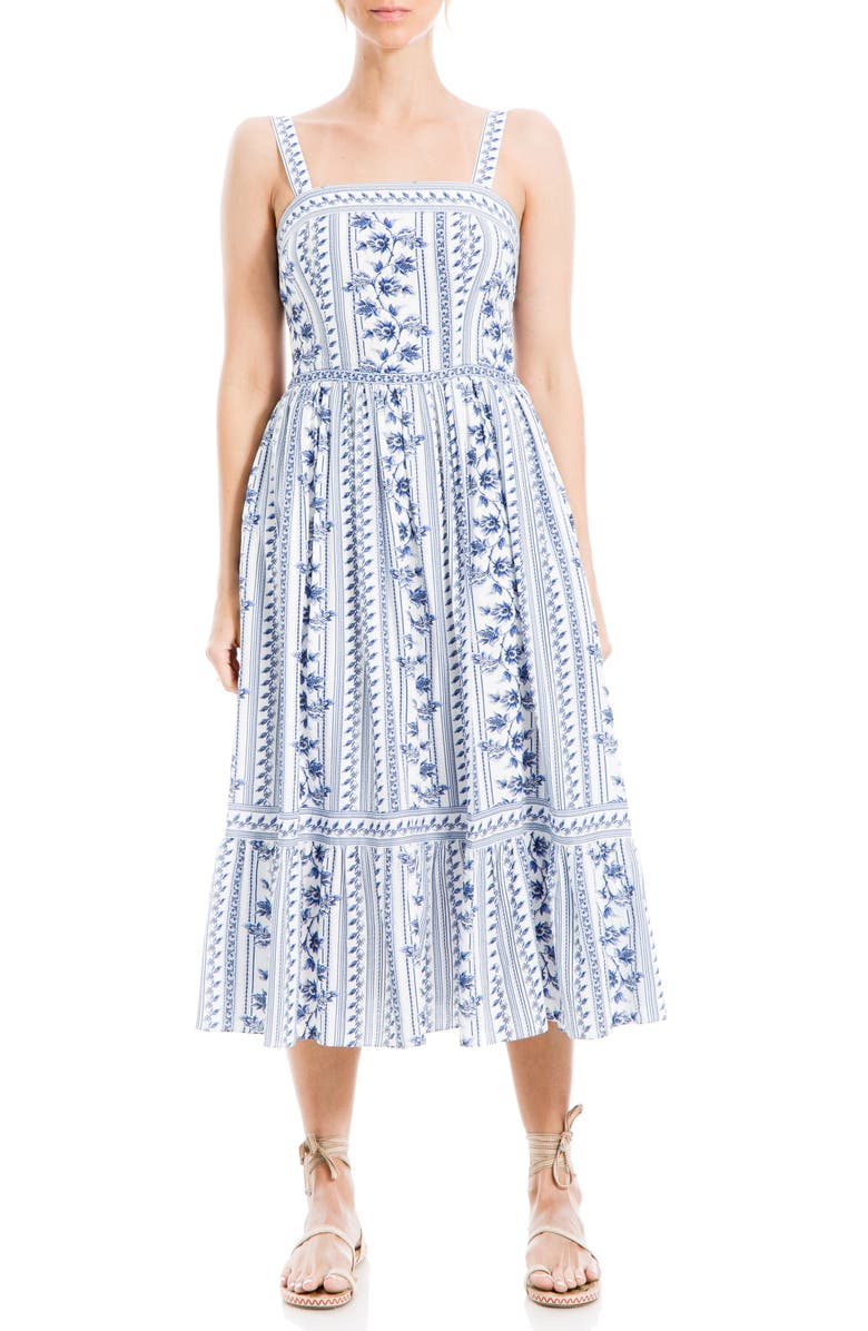 MAX STUDIO Floral Print Sleeveless Midi Dress, Main, color, Cream/ Blue Multi