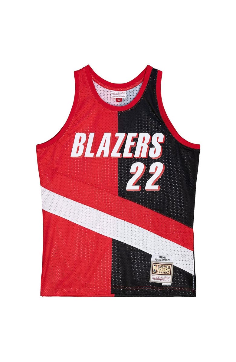 Mitchell & Ness Men's Mitchell & Ness Clyde Drexler Red/Black Portland Trail Blazers Hardwood Classics 1991/92 Split Swingman Jersey, Alternate, color, 