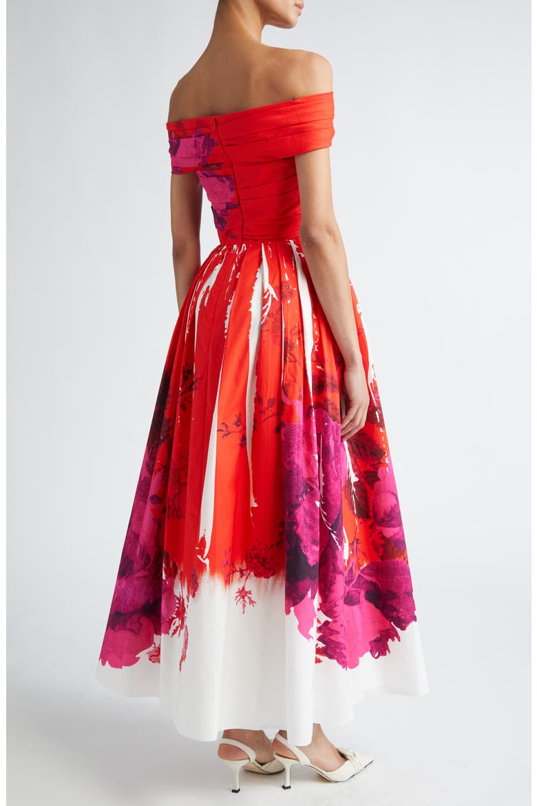 Rose Poppy Print Off the Shoulder Midi Cocktail Dress, Alternate, color, ROSE POPPY