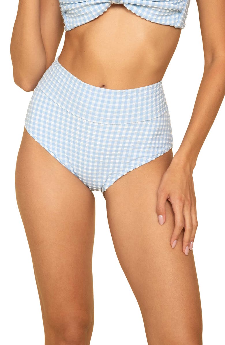 MONTCE Added Coverage High Waist Bikini Bottoms, Main, color, Periwinkle Micro Gingham