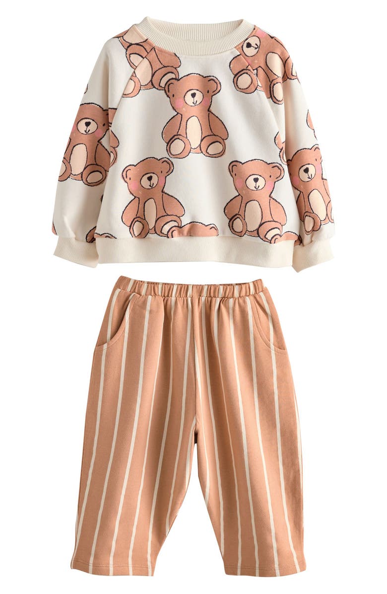 NEXT Kids' Bear Sweatshirt & Striped Sweatpants Set, Main, color, Neutral