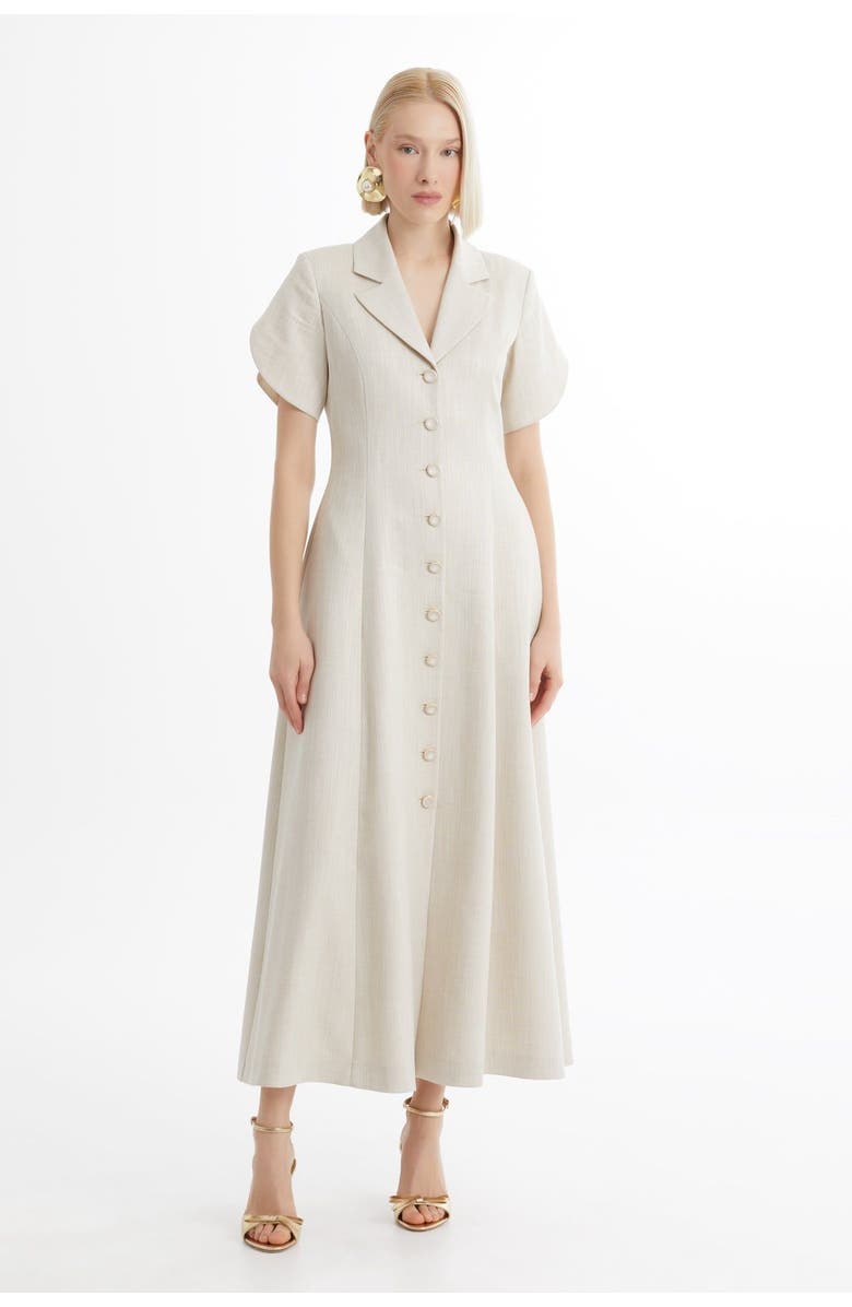 Gizia Ecru Short-Sleeve Ruffle Midi Dress, Main, color, 