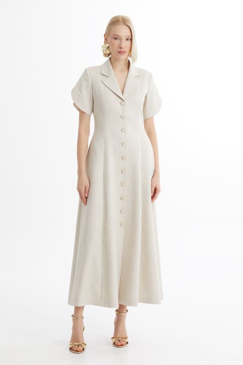 Ecru Short-Sleeve Ruffle Midi Dress