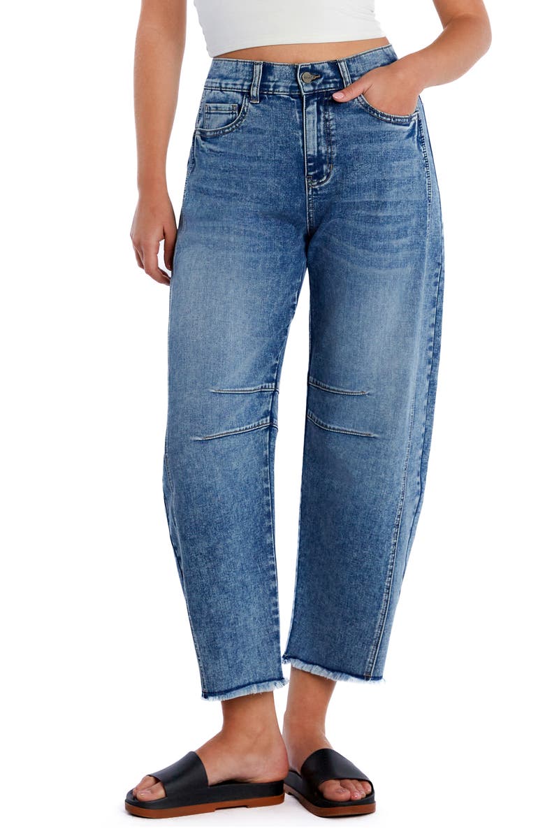 HINT OF BLU Frayed High Waist Crop Barrel Jeans, Main, color, Frantastic Blue