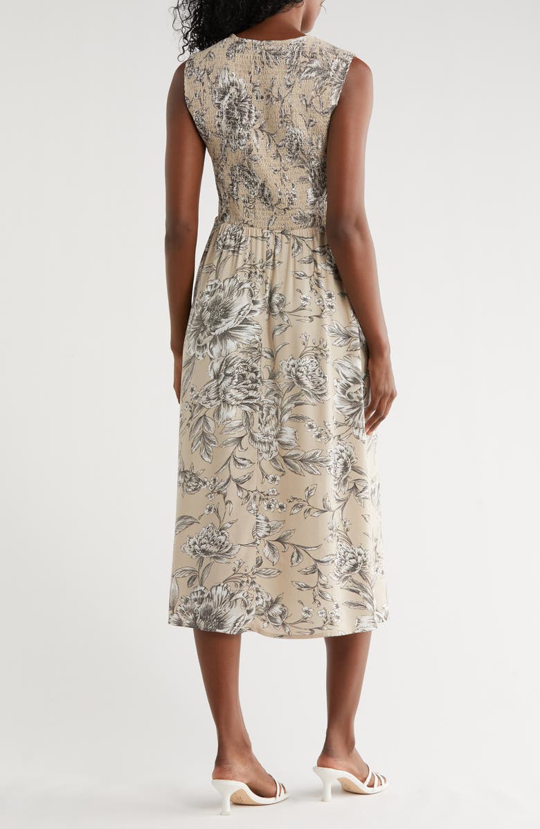 Calvin Klein Floral Sleeveless Smocked Fit & Flare Midi Dress, Alternate, color, Taupe Multi