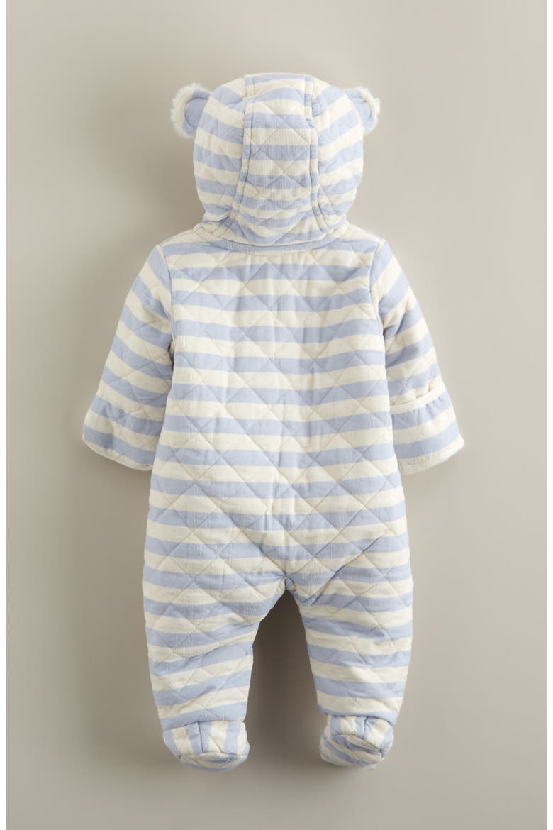 Ear Appliqué Quilted Faux Fur Lined Hooded Bunting, Alternate, color, BLUE FEATHER STRIPE
