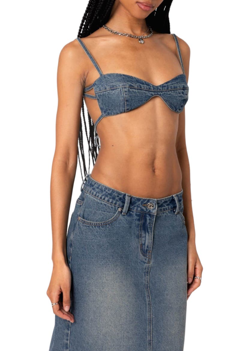 Lassy Tie Back Denim Bralette, Alternate, color, BLUE-WASHED