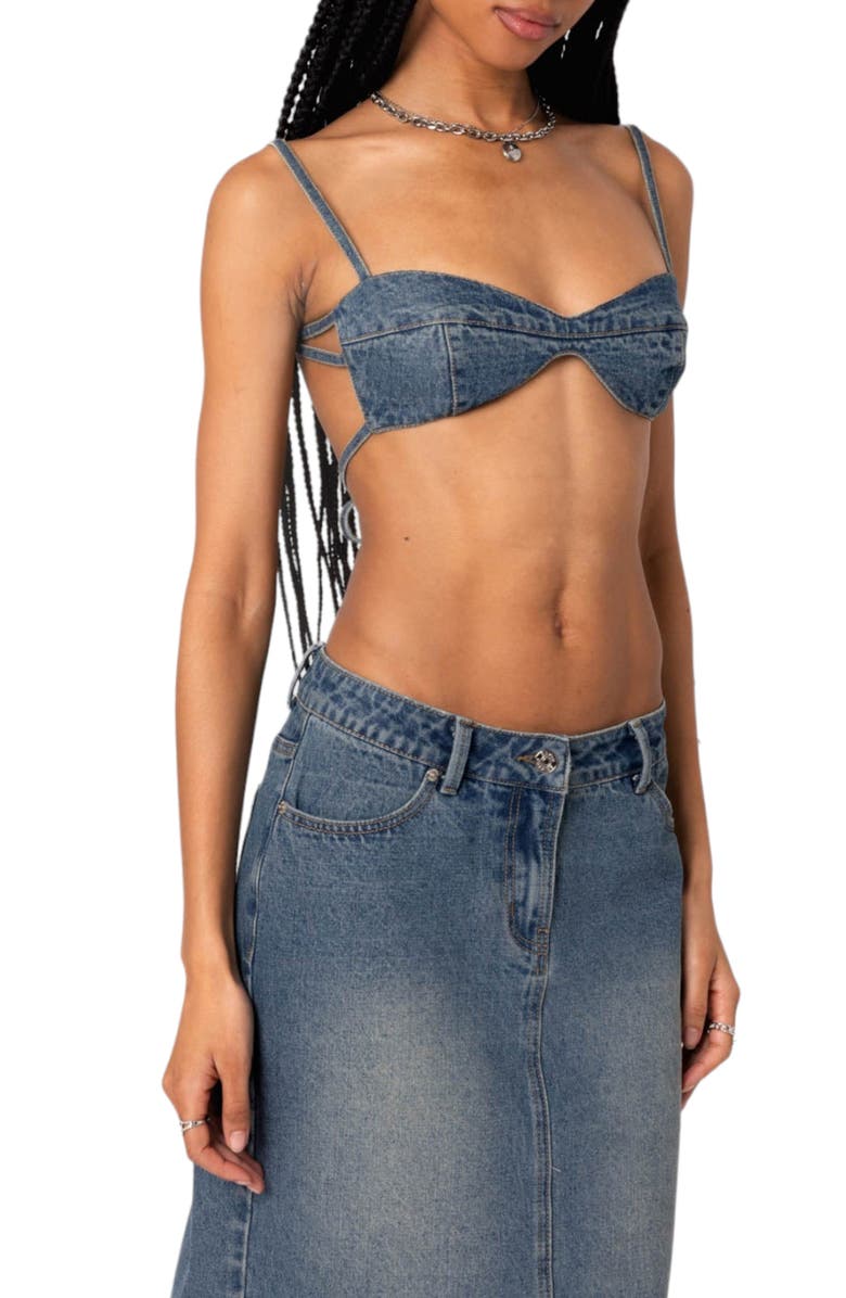 EDIKTED Lassy Tie Back Denim Bralette, Alternate, color, Blue-Washed