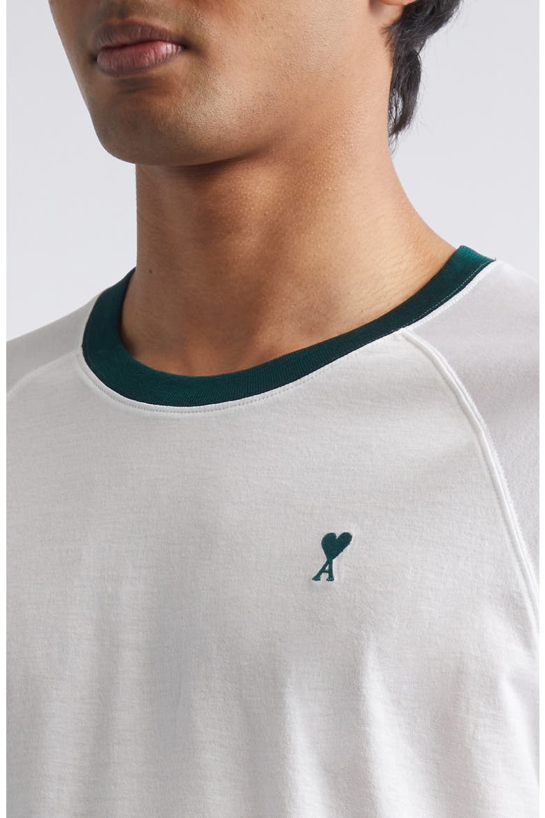 Ami de Coeur Embroidered Cotton Ringer T-Shirt, Alternate, color, BLANC NATUREL/ VERT SAPIN