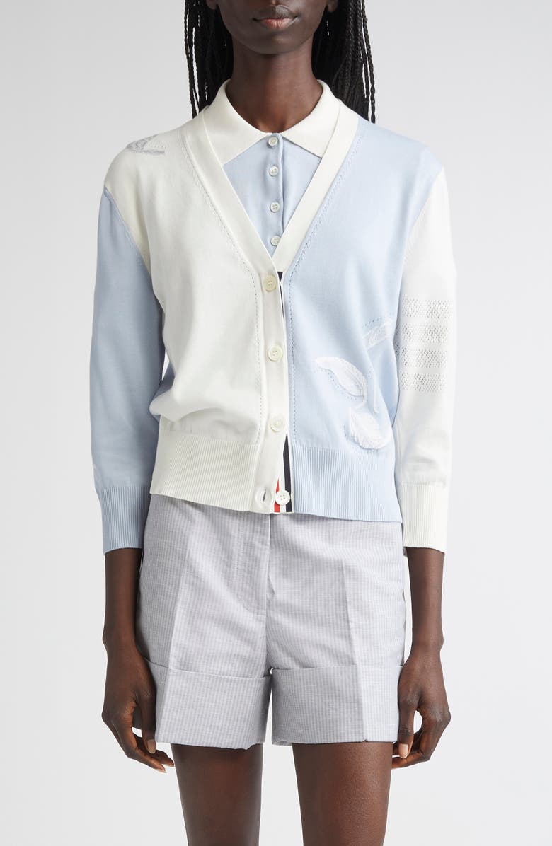 Thom Browne Fun-Mix 4-Bar Feather Intarsia Three Quarter Sleeve Cardigan, Main, color, Light Blue