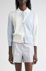 Thom Browne Fun-Mix 4-Bar Feather Intarsia Three Quarter Sleeve Cardigan