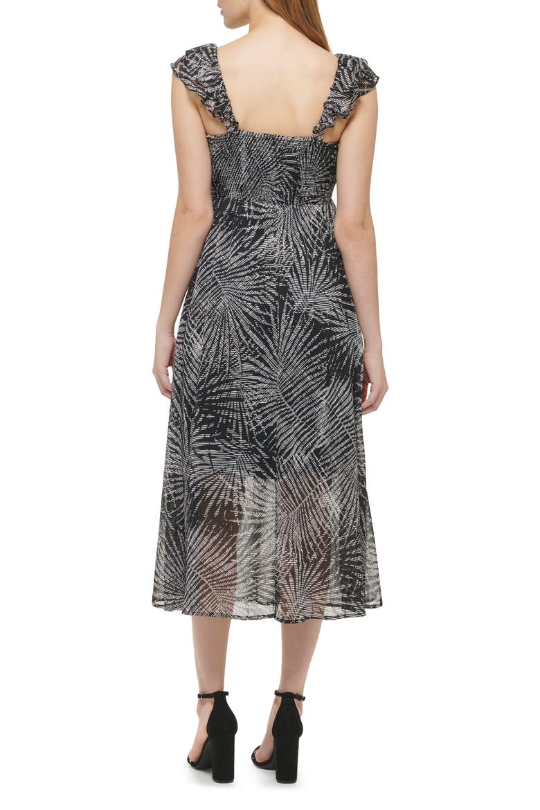 Palm Print Ruffle Empire Waist Chiffon Midi Dress, Alternate, color, BLACK MULTI