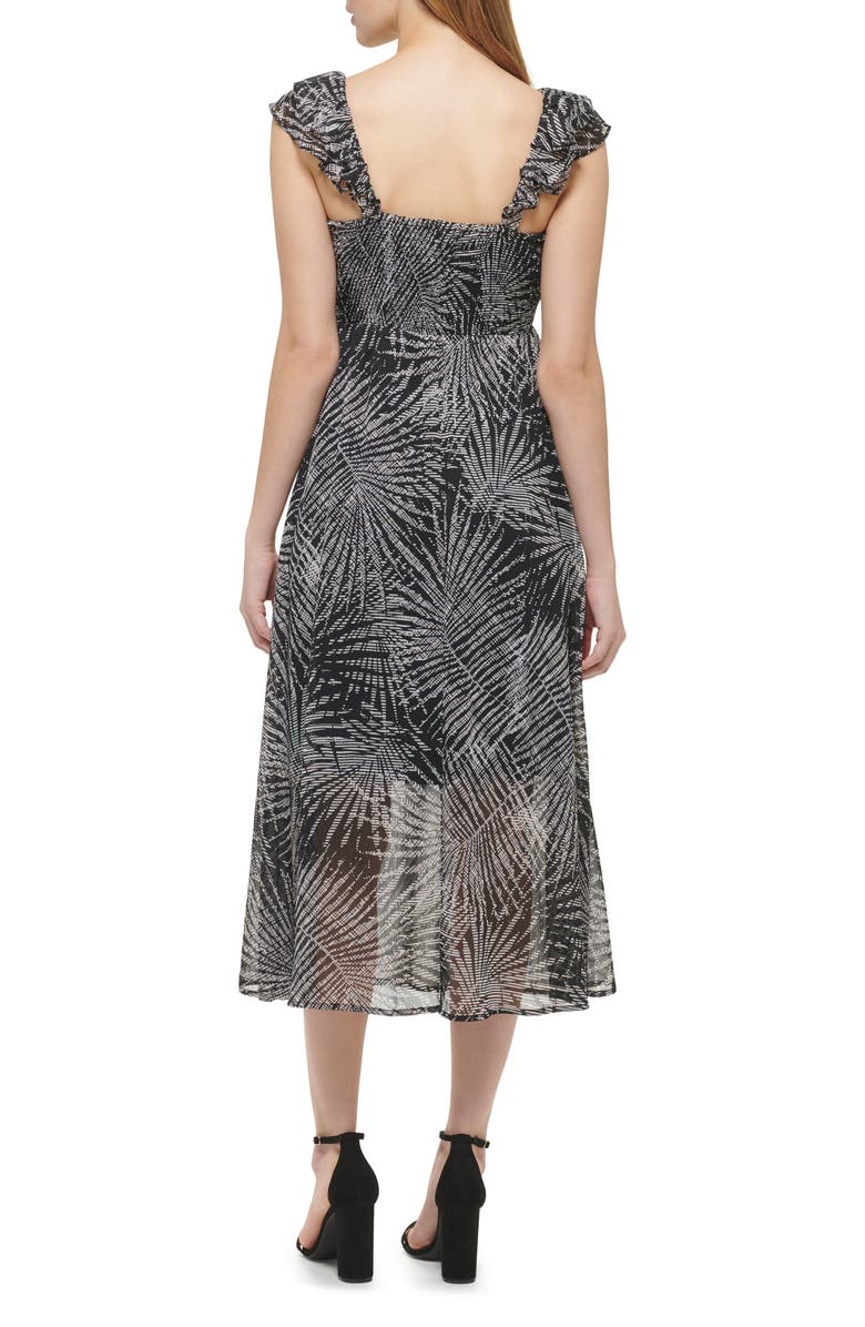 Kensie Palm Print Ruffle Empire Waist Chiffon Midi Dress, Alternate, color, Black Multi