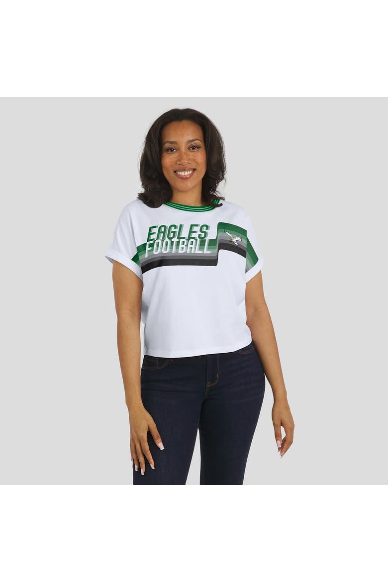 Women's WEAR by Erin Andrews White Philadelphia Eagles Cropped Center Stripe Dolman T-Shirt, Alternate, color, White