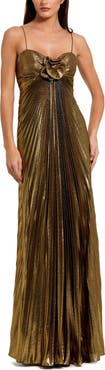 Mac Duggal Thin Strap Pleated Metallic Gown With 3D Flower